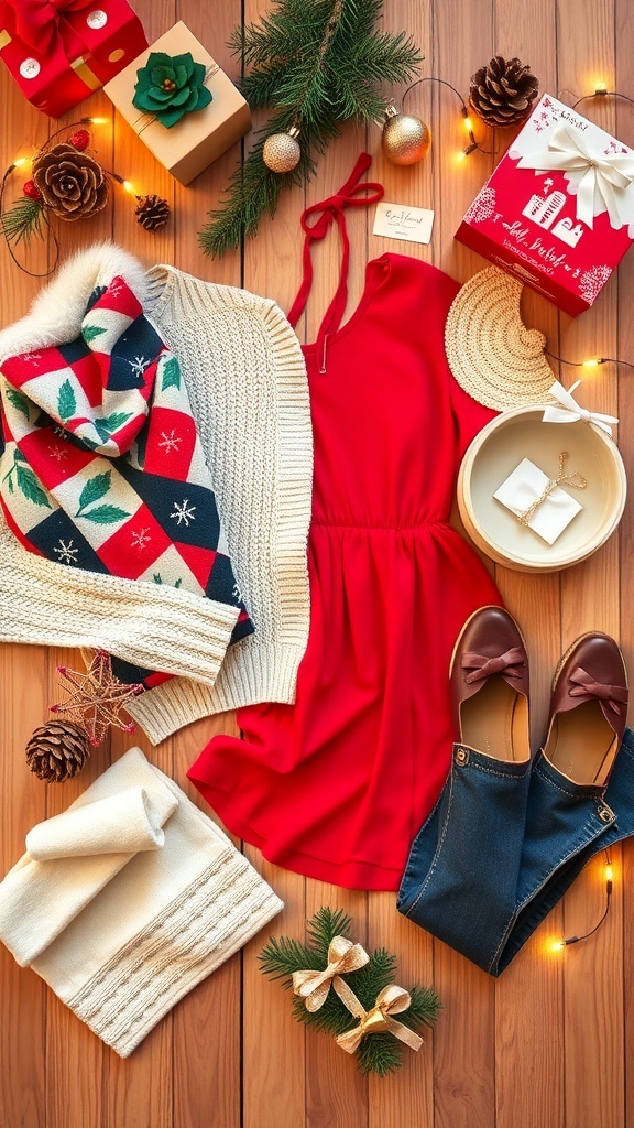 Festive Christmas Outfit Ideas Flat lay of Christmas outfits including a red dress, cozy sweater, and festive accessories on a wooden table.